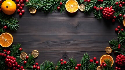 Festive evergreen branches and citrus on dark wood offer warm winter holiday vibes, perfect for seasonal marketing or cozy Christmas content