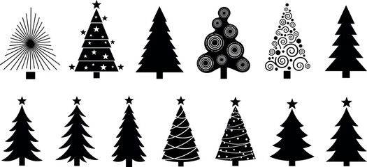 Set of black Christmas tree silhouettes, assorted fir icons, decorative winter pines, and holiday symbols for festive graphic design.