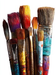 Variety of Artistic Paintbrushes with Colorful Paint Stains on Wooden Handles and Metal Ferrules for Creative Painting Projects