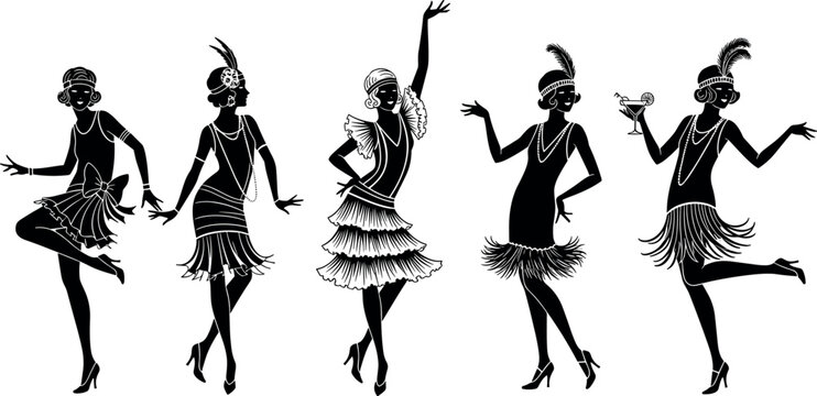 Set of dancing flapper girl silhouettes, roaring twenties fashion icons, retro party ladies, and 1920s jazz age women vector illustration.