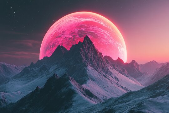 A breathtaking view of a vibrant pink planet rising over a majestic mountain range, casting a warm glow on the snow-capped peaks and the dark, star-studded sky. - Powered by Adobe
