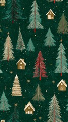 Obraz premium Hand-Drawn Christmas Tree Pattern on Festive Green Background