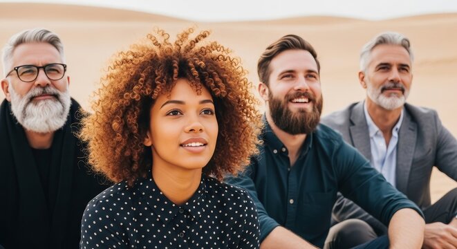 Group of diverse people sitting together looking up in a desert landscape scenery view outdoors