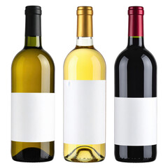 set of three different wine bottles with blank lable isolated on white or transparent