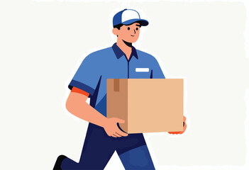 A vector illustration depicts a delivery person, wearing a cap & uniform, carrying a brown cardboard box, running