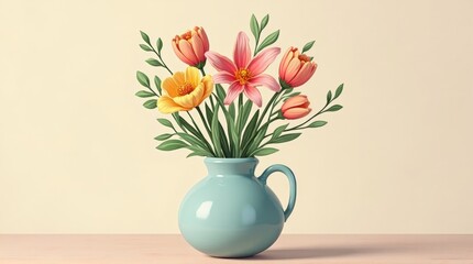 Colorful Flower Bouquet in Light Blue Vase on Wooden Surface