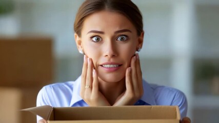 A Surprised Woman Unboxes an Unexpected Package, Capturing Her Expressions of Astonishment and Anxiety in Two Frames from a Captivating Video Sequence.