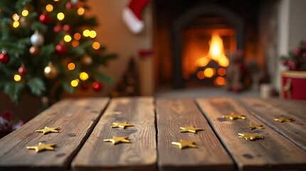 Magical Christmas Eve scene with twinkling lights and cozy fireplace, perfect for holiday promotions and festive greetings, spreading warmth and cheer