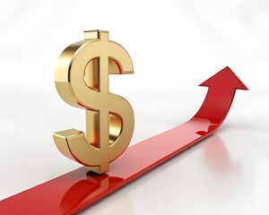 Golden dollar sign soaring high on a dynamic upward trending arrow for financial success and investment growth in a vibrant economy