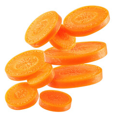 slices of carrot vegetables falling isolated on white or transparent