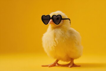 Cute Chicken wear black heart shaped sunglasses on yellow background. Funny Hen Bird. Happy chick. Pet party. Valentines Day. Love animal wearing heart shape glasses isolated. Poster, card. Nestling
