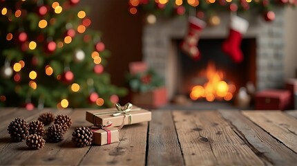 Cozy Christmas Eve scene with presents by the fireplace, creating a warm and inviting atmosphere, ideal for holiday promotions and festive designs