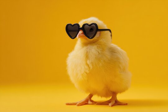 Cute Chicken wear black heart shaped sunglasses on yellow background. Funny Hen Bird. Happy chick. Pet party. Valentines Day. Love animal wearing heart shape glasses isolated. Poster, card. Nestling