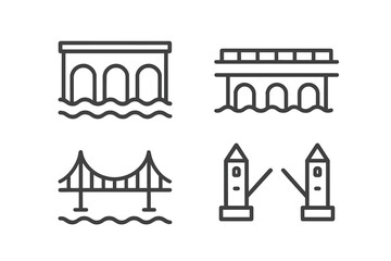 Naklejka premium Collection of various bridge types including arched, suspension, and drawbridge structures over wavy water lines