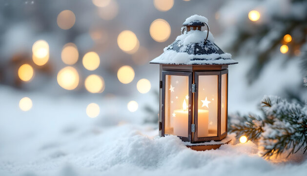 Christmas-themed lantern with star cutouts, isolated on white