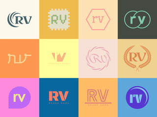 RV logo company template. Letter r and v logotype. Set different classic serif lettering and modern bold text with design elements. Initial font typography.