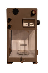 Isolated shot of a vintage high-precision laboratory analytical balance, a classic scientific instrument, placed against a pure white background.