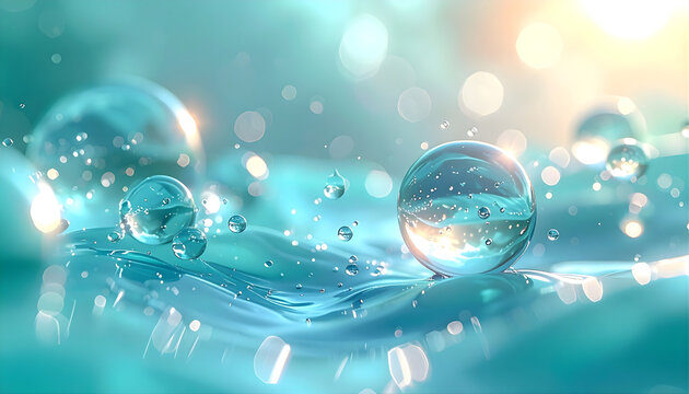 Vibrant close-up abstract background of large liquid bubbles and drops on a flowing turquoise surface with bright bokeh