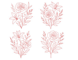 Elegant botanical line art roses and lilies. Minimalist floral collection.  For tattoos, logos, stickers, wedding invitations, packaging, and modern decorative design projects.