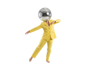 Person with disco ball head in yellow suit isolated PNG, surreal and fun concept for party or...