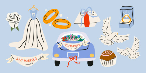 Vintage wedding elements collection in cartoon doodle style. Marriage attributes, wedding decorations, engagement rings, romantic stickers, bouquets. Wedding and love concepts. Vector illustration