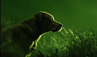 Cinematic Profile of Labrador Dog in Tall Grass. Moody Green Backlight, Night Scene