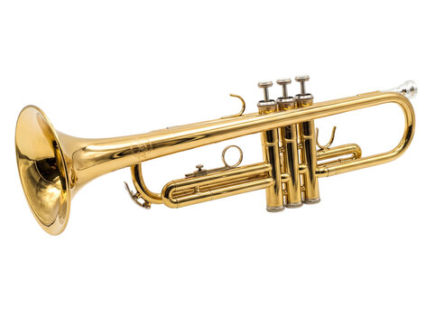 Golden trumpet isolated PNG on transparent background, brass wind instrument for jazz music and orchestral performance