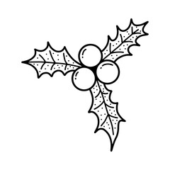 Fototapeta premium Hand drawn Holly leaves and berries icon. Christmas Doodle, Holly berry clipart in black and white outline