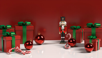 Festive Christmas arrangement with gifts ornaments and a traditional nutcracker