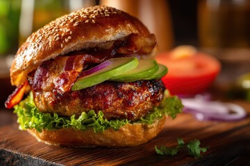 Juicy turkey burger with avocado, bacon and lettuce on a rustic plate