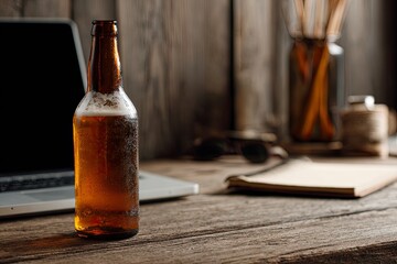 Brown Glass Beer Bottle on Rustic Wooden Table with Laptop Notebook and Decorative Items