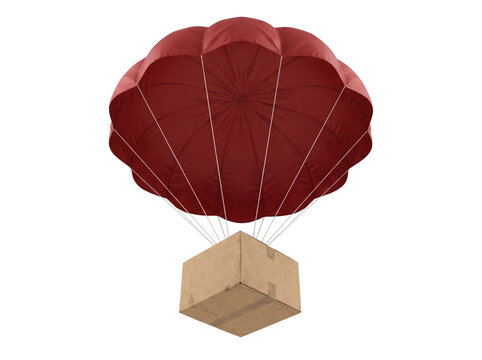 Red parachute with cardboard box isolated PNG, delivery concept for e-commerce and shipping on transparent background