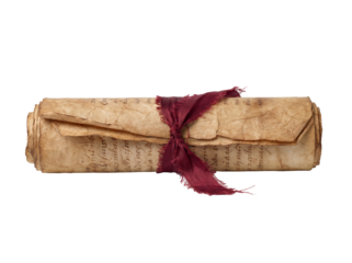Aged scroll with red ribbon isolated PNG, ancient manuscript tied with fabric for historical documents and fantasy themes