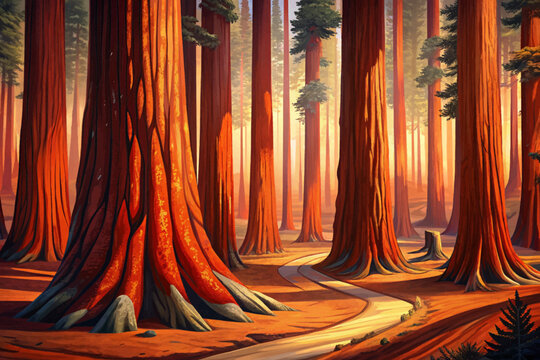 Thick sequoia trunks with deep red bark, pine needles on ground and shafts of sunlight filtering through canopy