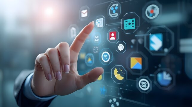 Hand Selecting App Icons on a Futuristic Digital Panel.