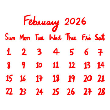 February 2026 calendar&nbsp;planner&nbsp;with handwritten style numbers and letters in red ink for planning and scheduling important events and appointments