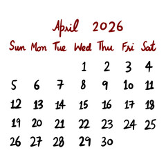 April 2026 calendar planner in red and black handwritten style showing the days of the month for planning and scheduling