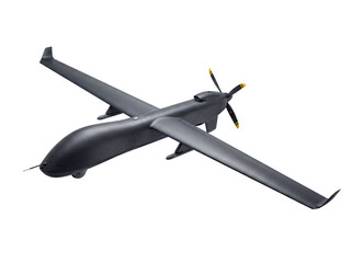Dark gray military drone PNG isolated on transparent background, unmanned aerial vehicle for surveillance and reconnaissance missions © Lily