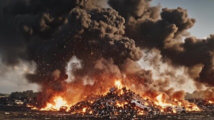 Scrapyard Fire Inferno Smoke Billows Over Burning Wreckage Cinematic Footage - Powered by Adobe