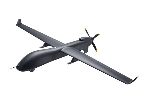 Dark gray military drone PNG isolated on transparent background, unmanned aerial vehicle for surveillance and reconnaissance missions