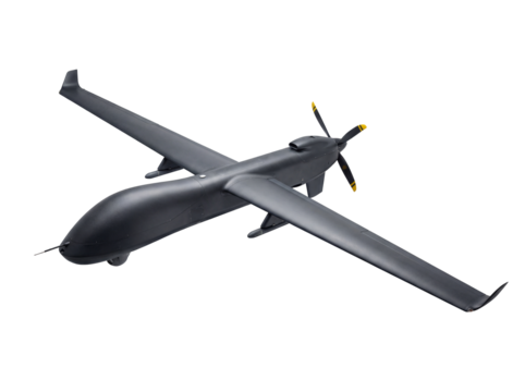 Dark gray military drone PNG isolated on transparent background, unmanned aerial vehicle for surveillance and reconnaissance missions - Powered by Adobe