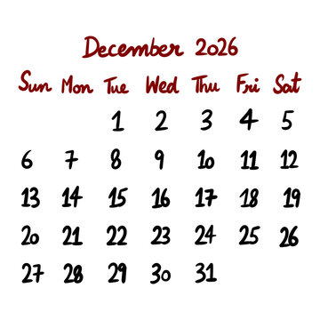 December 2026 calendar&nbsp;planner&nbsp;illustration, transparent background