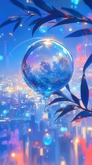 Bright holiday ornament with blue hues, shimmering lights in background, festive spirit, perfect for winter celebrations.