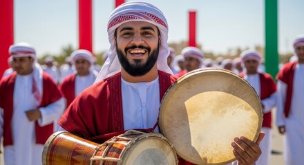 Man playing drums in traditional emirati clothing during a national day celebration