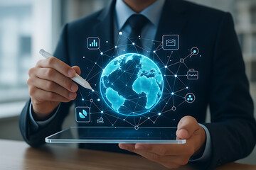 Professional using tablet with glowing holographic Earth and connected icons representing online connectivity corporate communication and modern technology advancement