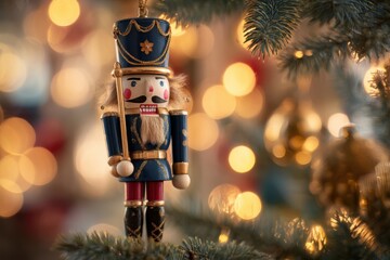 Wooden nutcracker soldier standing near christmas tree.