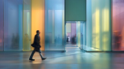 A lone businessman walks through a brightly colored, modern architectural space with translucent walls.