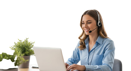 Smiling scene showing woman, female, operator in modern environment with natural lighting for modern branding and lifestyle representation
