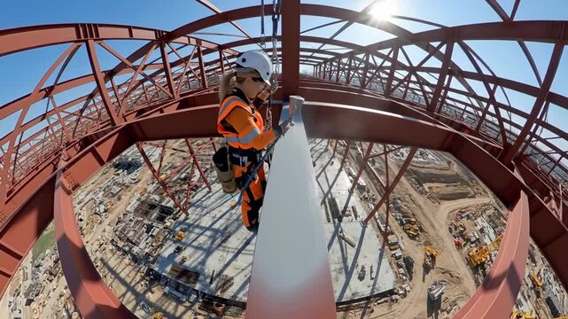 Woman painter applying protective coating to metal construction using spray gun outdoor, industrial painting work animation