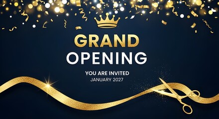 Elegant Grand Opening Invitation Template with Gold Ribbon Cutting, Crown Icon, and Confetti Background isolated PNG with Transparent Background